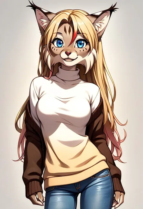 digital_media_(artwork) hi_res, score_9, score_8_up, score_7_up, score_6_up, score_5_up, score_4_up, rating_safe, beautiful, anthro, furry, female, detailed textured fur, fur tufts, fluffy, slim, slender, breasts, cute, sweater, baggy denim jeans, beautiful blue eyes, detailed eyes, smile, solo, SFW, lynx, long blonde hair, multicolored hair, streaked hair,