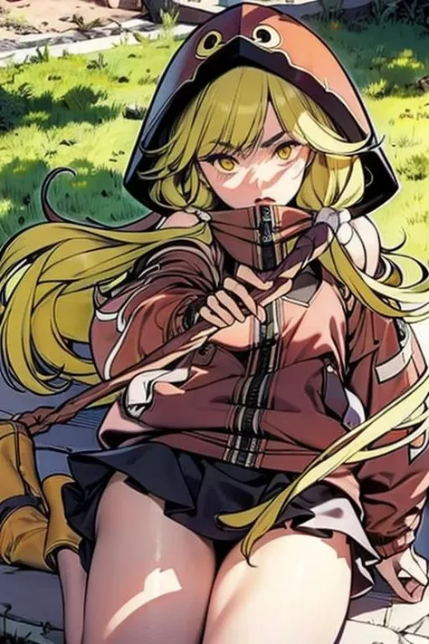 <lora:puluoer-10:0.9>((extremely realistic shading, masterpiece, extremely detailed, photorealistic))Yellow hair, Yellow eyes, Red hoodie, black short skirt,