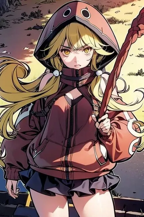 <lora:puluoer-10:0.9>((extremely realistic shading, masterpiece, extremely detailed, photorealistic))Yellow hair, Yellow eyes, Red hoodie, black short skirt,