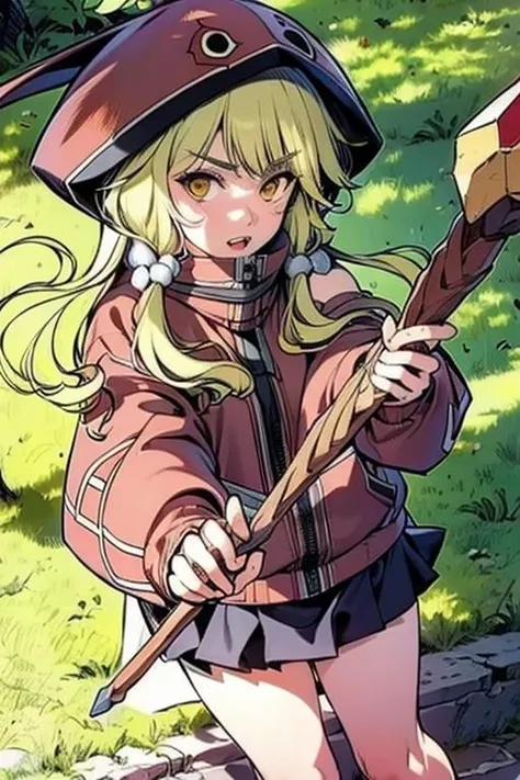 <lora:puluoer-10:0.9>((extremely realistic shading, masterpiece, extremely detailed, photorealistic))Yellow hair, Yellow eyes, Red hoodie, black short skirt,wand,hat,