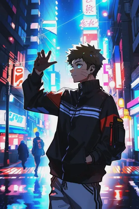 sle, masterpiece, detailed background, (mksks style:0.9), sketch BREAK,<lora:naruto-10:0.7>1boy,narutoaa, modern streetwear, urban backdrop with neon signs, custom fox-themed tattoo on forearm, contemporary accessories like digital watch, ear piercings, expressive confident stance, night scene with city lights reflections, interacting with a high-tech smartphone, casual yet stylish pose, clear details with soft lighting effects