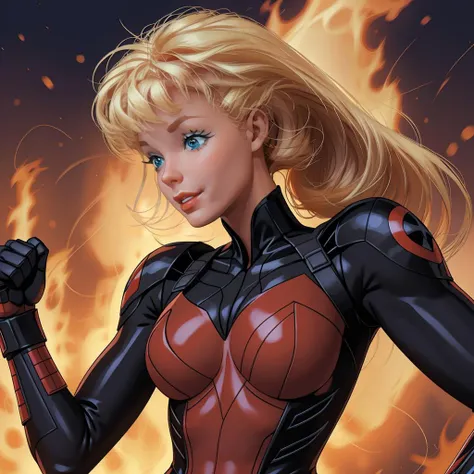 RAW photo, best quality, <lora:Barbie_Doll:1> Barbie as superhero, black widow, red and black suit, fighting stance, red sky, fire, explosions