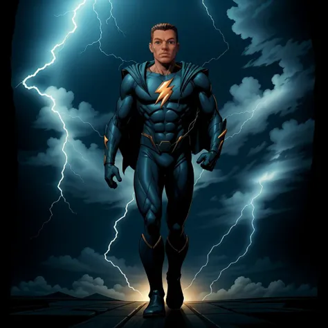 <lora:Buzz:1> Buzz as a superhero, black leather suit, lightning bolt logo on his chest, lightning bolt in his hand, ((masterpiece)), best quality