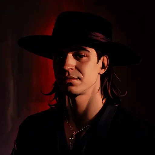 RAW photo, best quality,  <lora:SRV:1>  a man wearing black hat, black shirt, looking at viewer, simple red background