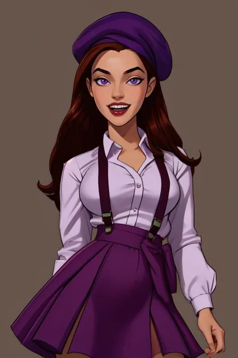 (masterpiece, best quality:1.2), <lora:somethingunlimitedv4:0.7>, somethingunlimited, 1girl, solo, breasts, hat, long hair, large breasts, brown hair, skirt, open mouth, looking at viewer, beret, purple eyes, blush, shirt, smile, long sleeves, suspender skirt, red headwear, suspenders, ribbon, nail polish