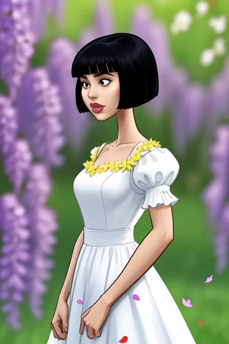 (masterpiece, best quality:1.2), <lora:demondeals:1>, demondeals, 1girl, flower, solo, dress, black hair, white dress, short hair, holding flower, yellow eyes, looking at viewer, short sleeves, wisteria, arm behind back, holding, purple flower, outdoors, bangs, standing, puffy sleeves, petals, tree