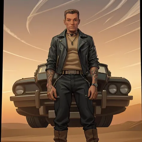portrait, <lora:Buzz:1> Buzz as a big mean biker, leather jackets, pants, boots, tattoos, standing outside a desert gas station, looking at viewer, red sky