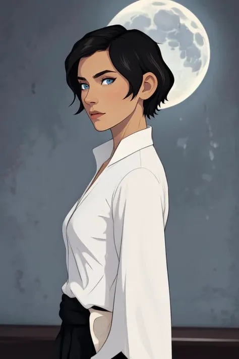 (masterpiece, best quality:1.2), <lora:cummybender:1>, cummybender, 1girl, solo, looking at viewer, nose, short hair, moon, shirt, black hair, white shirt, upper body, from side, lips, closed mouth, blue eyes