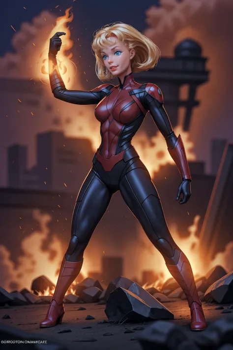 RAW photo, best quality,  <lora:Barbie_Doll:1> Barbie as superhero, black widow, red and black suit, fighting stance, red sky, fire, explosions