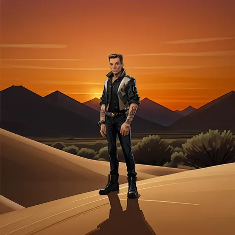 portrait, <lora:Buzz:1> Buzz as a big mean punk, tattoos, outside a desert gas station, looking at viewer, red sky