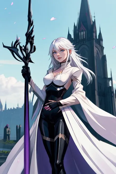 Pale skin, sophisticated, spectre, elf, winter armor, glaring at viewer, destroyed village,