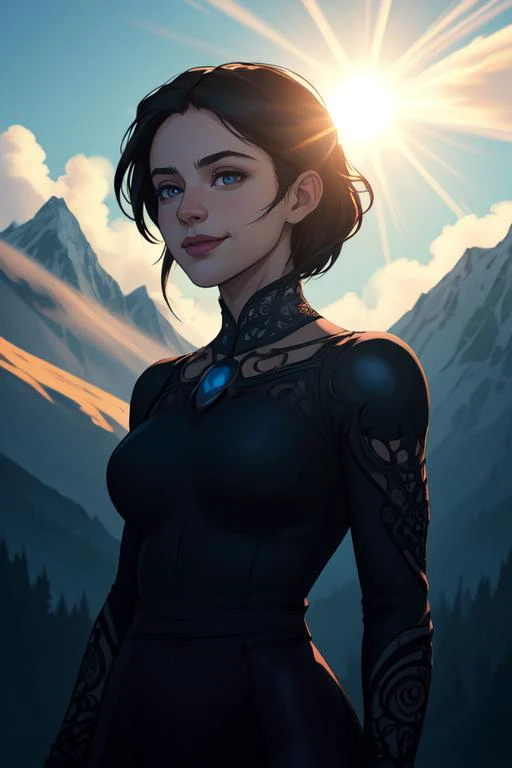 upper body,glowing eyes,(masterpiece, best quality:1.4),(beautiful, aesthetic, perfect, delicate, intricate:1.2),(absurdres, highres, ultra detailed),best quality,masterpiece,Dark hair,dark eyes,upper body,sun flare,outdoors,mountain,valley,sky. clouds,smiling,