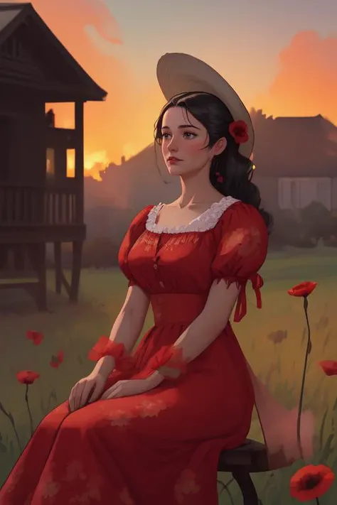 photo portrait of woman as a southern belle in red floral dress with (exposed breasts:1.1) and straw hat with (ribbon on neck:1.2) in the style of Gone With The Wind Movie, (twilight colors:1.1), (cinematic film still from Gone With The Wind:1.3), (Technicolor:1.2), 35mm, focus on face, southern belle style in gentle red dress with (floral embroidery:1.2), elegant long hairstyle, film grain, (exterior of a burning house in colonial style:1.3), (fire:1.2), sitting in on the bench with a (glass of wine:1.2) in the shadow under the (big translucent poppy:1.3), rim light, glimmerglass, haze and smoke in air, (light leaks:1.1), (sunbeams:1.1), gemstones, (gray:1.3) and blue and rose and red, (sultry look:1.2), at the village at twilight hour, <lora:soEXTRA:1>
