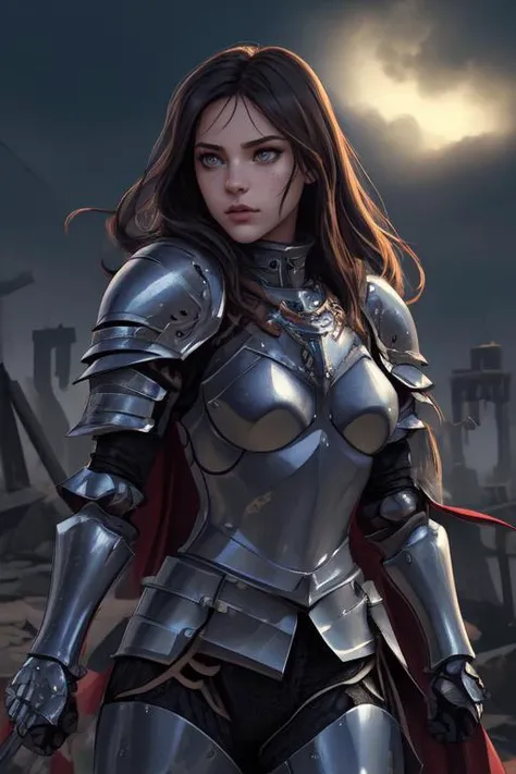 ((glossy eyes)),(masterpiece, best quality:1.4)best quality,high detail,(detailed face),detailed eyes,(beautiful, aesthetic, perfect, delicate, intricate:1.2),(realistic:1.3),cinematic shot,cinematic lighting,(1girl),(perfect female form, perfect face, beautiful eyes, eyeliner, expressive eyes),(long hair, hair in the wind),cute,adorable,(huge natural breasts, narrow waists),(armored knight:1.4),wearing a cape,holding sword,(warzone on background, night, ruins),