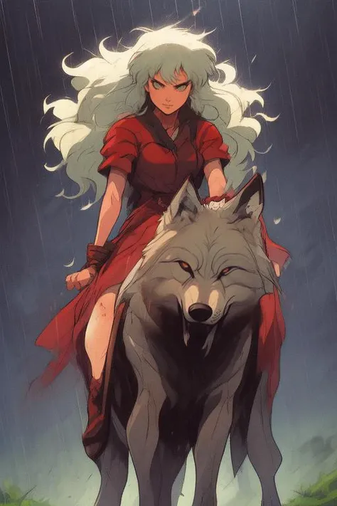 a woman riding on the back of a wolf in the rain with, official art, context art <lora:ghibli:.9> retro anime,