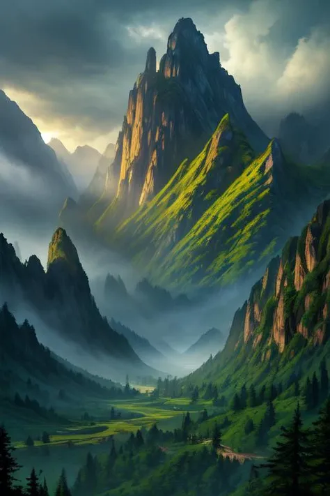 (masterpiece), (best quality), (incredible digital artwork), atmospheric scene inspired by a Peter Jackson fantasy movie, breathtaking landscape, towering mountains, lush forests, misty valleys, awe-inspiring structures, diverse and vibrant characters, engaging in a pivotal moment, dramatic lighting, vivid colors, intricate details, expertly capturing the essence of an epic cinematic experience