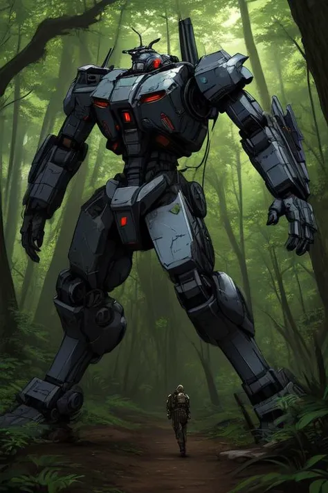 masterpiece, large-format battlemech powered stomping through a forest on an alien world power, epic