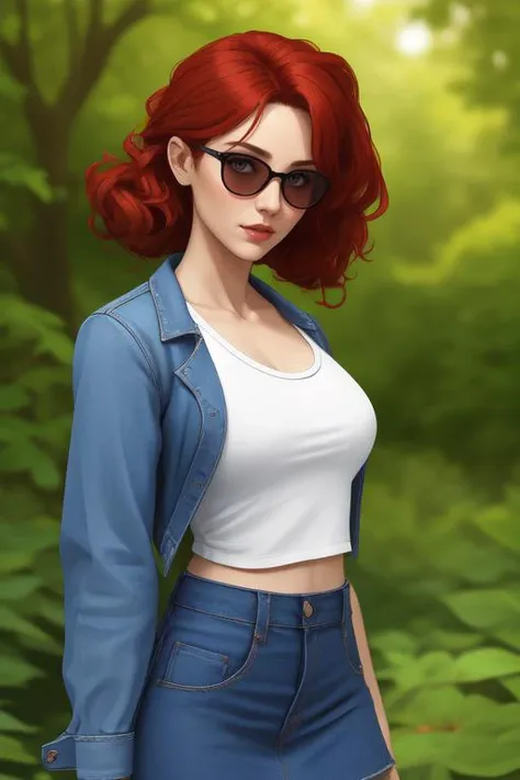 (mature woman:1.4), solo, Long curly hair, detailed eyes, open neckline, ((masterpiece)), (high quality), (best quality), (detailed), hd, perfect lighting, detailed face, detailed body BREAK red hair BREAK garden, sunshine, (wearing Blue denim jacket with a white t-shirt and printed skirt,black ponytails ):1.4,