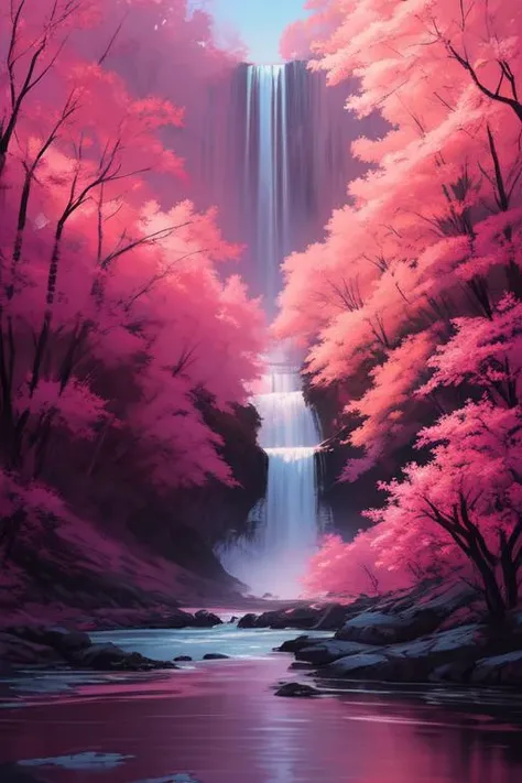 the most beautiful abstract painting, where a giant dreamy waterfall creates a river, the trees around are starting to bloom in pink color, a ray light of the sunset is brightening the subject, by greg rutkowski, masterpiece illustration, color splash