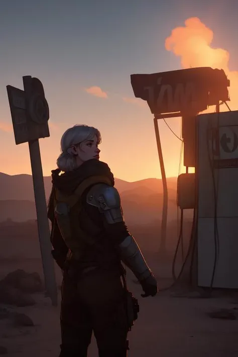 vhs video of 80s of a woman with curled bob hair in dark gray fallout 4 videogame armor with scarf at twilight Mojave desert with (ruined gas station and hotel sign:1.2) in the style of golden era of hollywood, octane render, cinematic film still from the book of eli, octane render, (cinematic film still from mad max fury road:0.9), dynamic cinematic scene, gray, gray and smoke, alphonse mucha, hyperrealistic, 8k resolution, intricate details, backlighting, focus on face, , dreamy, glimmer glass, hyperdetailed, fire, freckles, wind blows hair, photorealism, clothing and rifle (in fallout 4 new vegas style:1.1), dust storm and debris on ground, Joshua Tree and ruined electric poles and california republic flag, <lora:soEXTRA:1.2>