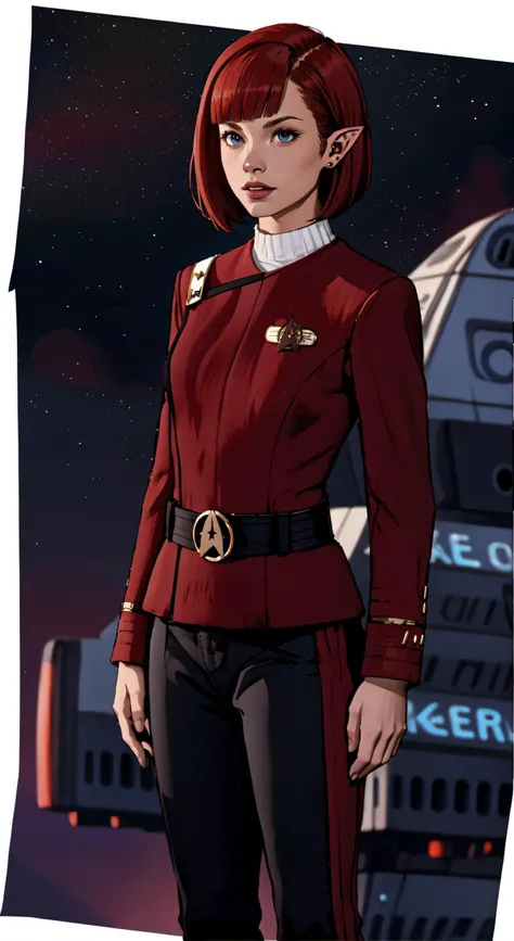 (Teens:1girl: beautiful woman hijab,twokunf uniform,hijab style), (extremely detailed CG unit 8k wallpaper),(master part), (best quality), (ultra detali), (best illustration),(melhor ombre), cowboy shot, (Sharp eyeliner, ombre, detailed eyes:1), Starship bridge background, ,break , (star15escola:1.2), upper body,short hair, black hair, 1woman,1girl, red top, black pant, glasses,wearing a white hijab