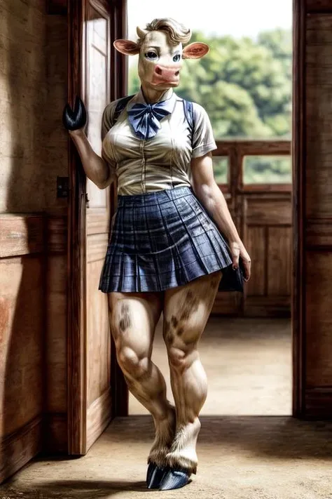 masterpiece, extreme detail, 8k, lactaidcow, schoolgirl uniform, standing, anthro female cow, cow tail, solo, (hooves:1.1), (hooves for hands) <lora:add_detail:1.0> <lora:pinup_v3.0:0.6> <lora:lactaidcow-v1-locon:0.9> <lora:Furtastic_Detailer:2>
