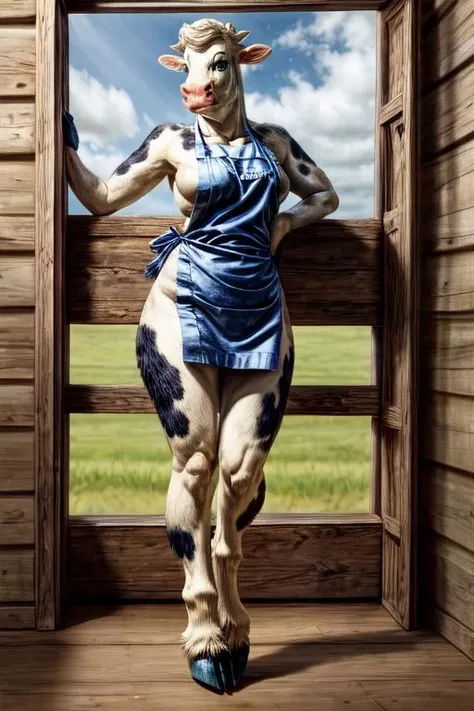 masterpiece, extreme detail, 8k, lactaidcow, apron, standing, anthro female cow, cow tail, solo, (hooves:1.1), (hooves for hands) <lora:add_detail:1.0> <lora:pinup_v3.0:0.6> <lora:lactaidcow-v1-locon:0.9> <lora:Furtastic_Detailer:2>
