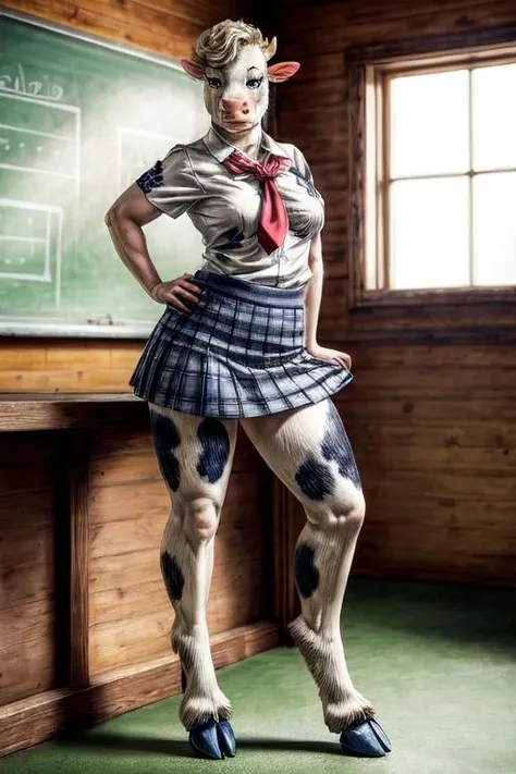 masterpiece, extreme detail, 8k, lactaidcow, schoolgirl uniform, sexy pose, anthro female cow, cow tail, solo, (hooves:1.1), (hooves for hands) <lora:add_detail:1.0> <lora:pinup_v3.0:0.6> <lora:lactaidcow-v1-locon:0.9> <lora:Furtastic_Detailer:2>