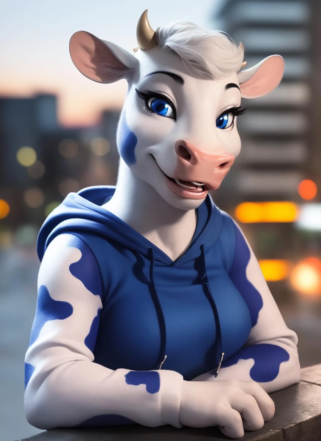 lactaidcow, furry female anthro, cow girl, portrait, close-up, (blue-white spotted hoodie:1.2), long sleeves, solo, (body fur:1.2), (best quality), (detailed urban background:1.2), dramatic lighting, (detailed fluffy fur:1.1), looking at viewer, medium breasts, hoof, grin, <lora:lactaidcow-v1:1>