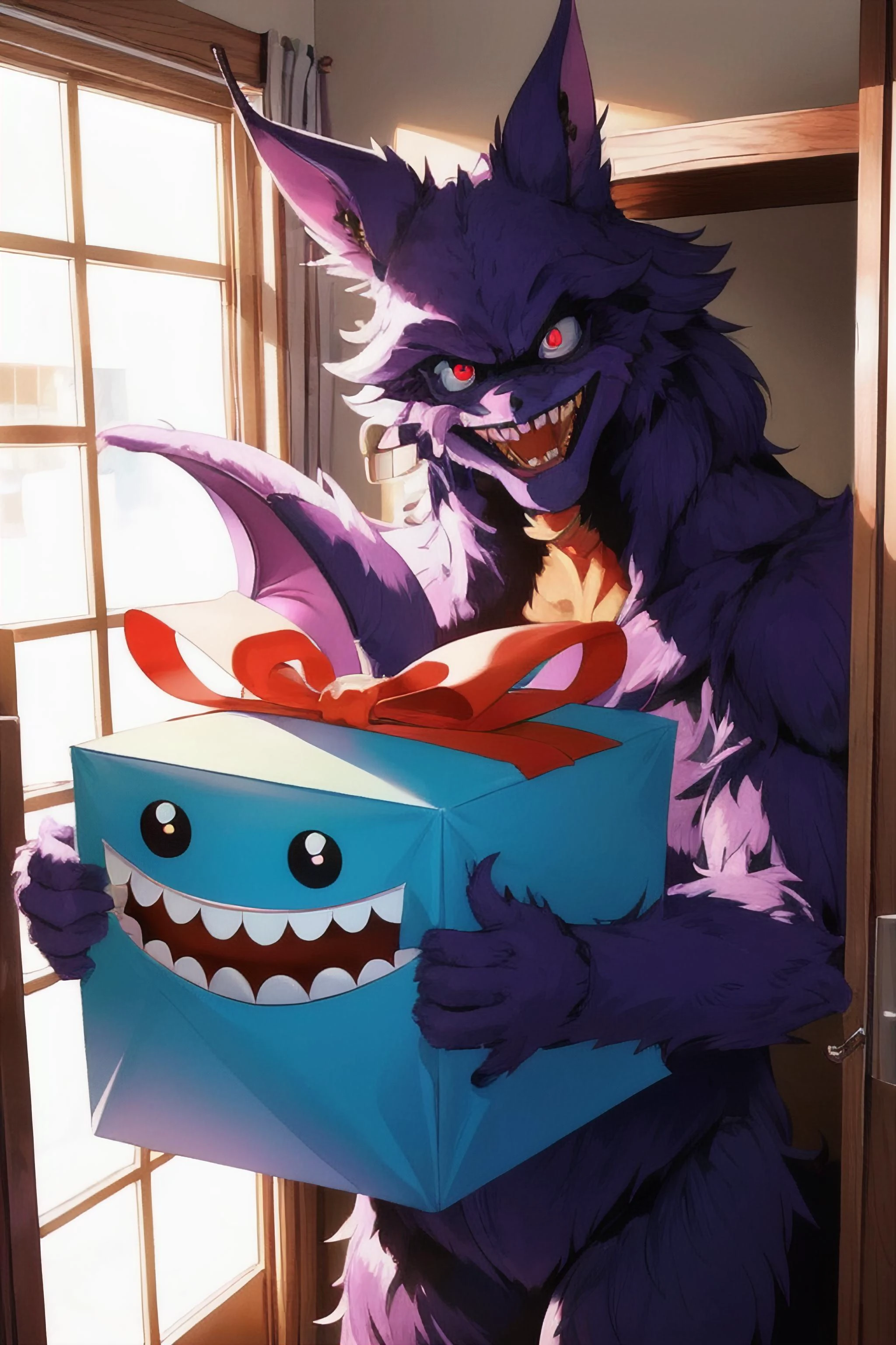 A monster in the closet excited to be [receiving a huge gift from viewer], mysterious monster has a big toothy smile, big eyes, beaming with joy, happy, holding a present, jovial, huge smile, fantasy art
