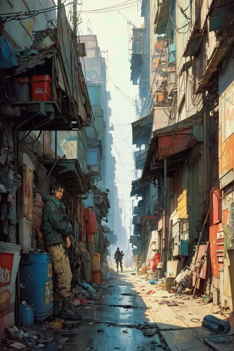 cyberpunk landscape painting of a garbage, hobo adventurers, cozy trash alley, garbage landfilled trashcans, ferrotype defects, style of (Jeremy Mann, Louis Icart, Valentin Serov, Makoto Kobayashi, Alan Lee)