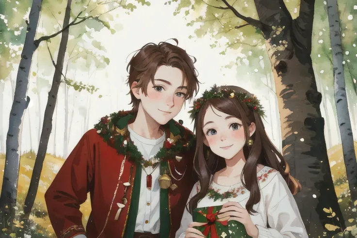 portrait of a noble young gnome married couple, decked out for the holidays, decorated little cottage with christmas bells, with animal friends, downy birch and oak forest landscape, warm watercolors, done in a painterly style of watercolor, inspired by Nordic folklore, nature paintings and Rien Poortvliet, mystical forest