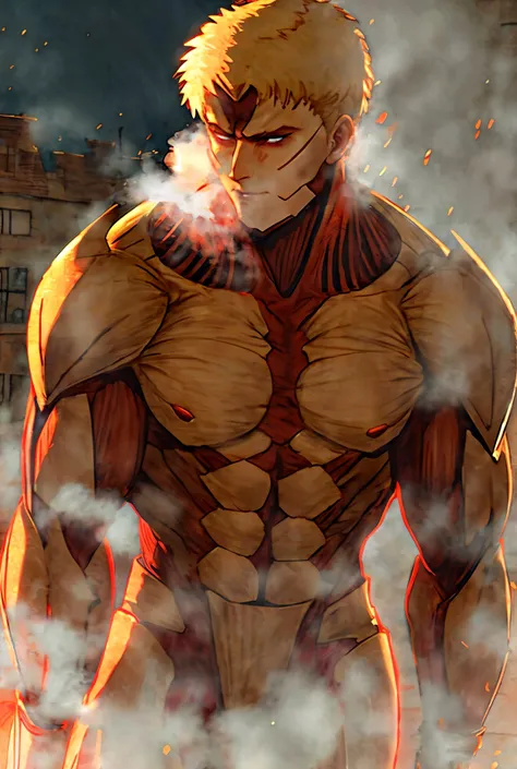 armored titan, muscular, giant, size ratio, short hair, blonde, building, teeth, armor on body, armor on face, light in eyes, steam and smoke, head to knees, red muscles ,
watercolor <lora:Watercolor_reg:1> <lora:AttackTitan:1>