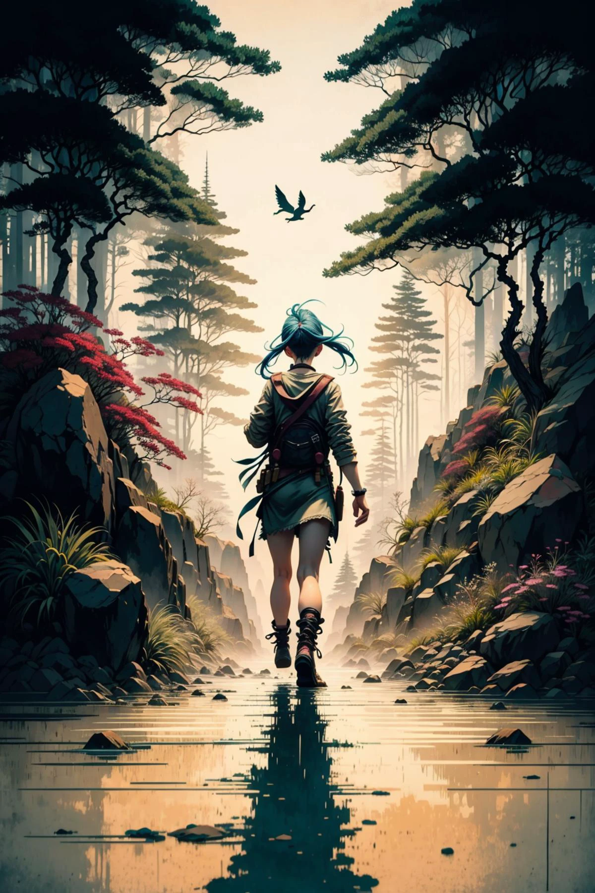 jinx walking in the forest, best quality, masterpiece <lora:ink-0.1-3-b28-bf16-D128-A1-1-ep64-768-DAdaptation-cosine:1> <lora:JinxLol:1>