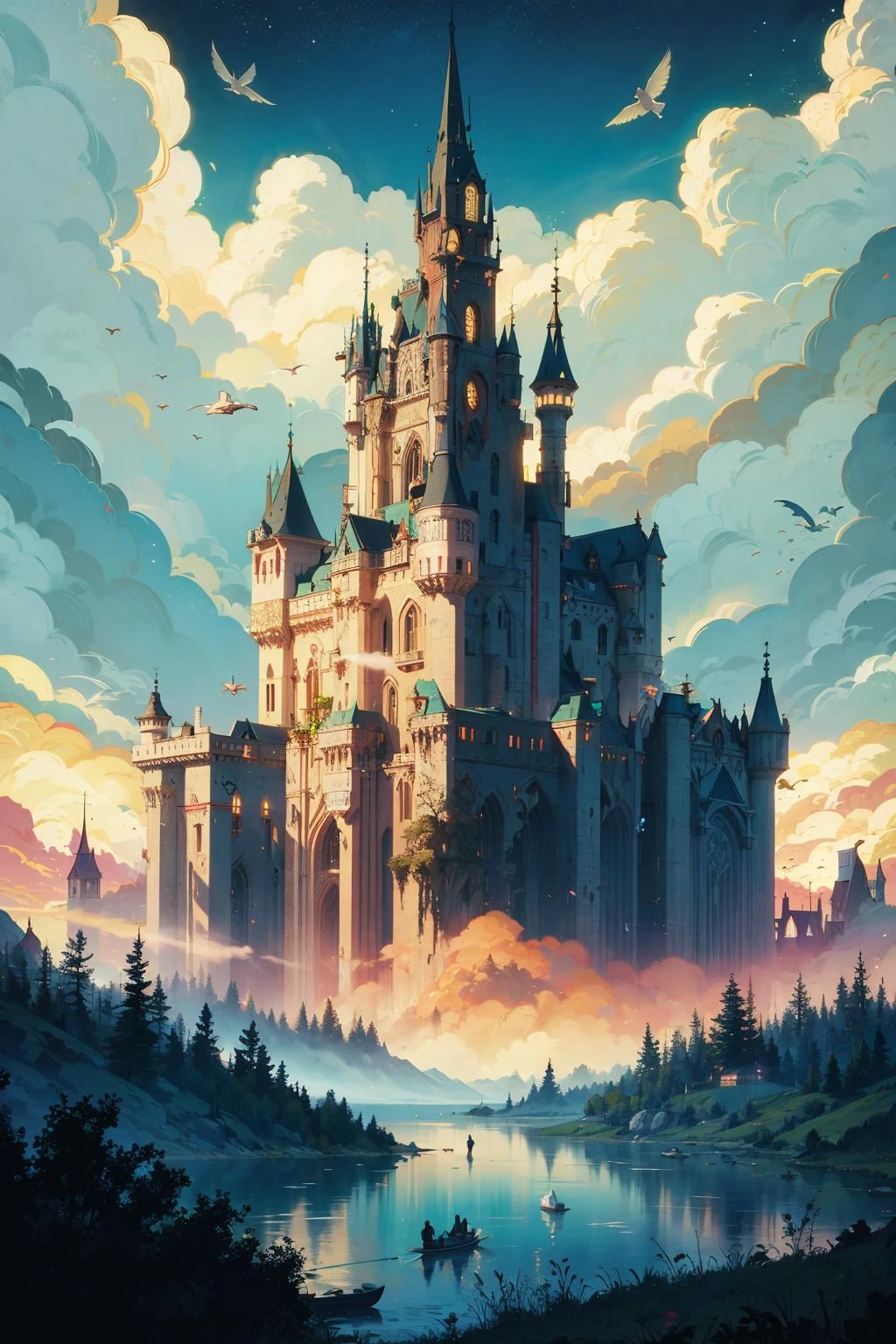 detailed ink, pen and ink, mail art, best quality, detailed epic ice transparent ethereal otherworldly ghost castle in the blue sky, clouds, smoke, fog, detailed landscape, ghost figures, lake, boat, green forest, detailed flying dragon at the sky, detailed scales, warm lights, glittering, Craola, Dan Mumford, Andy Kehoe, 2d, flat, art on a cracked paper, patchwork, stained glass, cute, adorable, fairytale, storybook detailed illustration, cinematic, ultra highly detailed, tiny details, beautiful details, mystical, luminism, vibrant colors, complex background