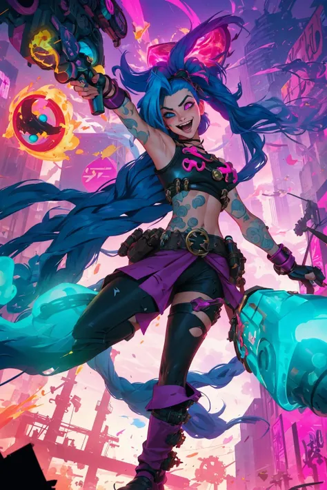 league of legends, Chaotic, mischievous gunner named Jinx from the bustling cityscape of Piltover. Long cerulean hair flowing like wild flames, adorned with bright pink bows. Piercing blue eyes that gleam with mischief, carrying an intense and crazed look. Lithe physique draped in black and purple gear, a hint of steampunk. Studded leather belts and ammo pouches crossing her torso. Sleeveless top revealing tattoos of her adventures. A pair of mismatched, high-cut boots each with its own personality. Bright pink shock bullets, loaded into a massive minigun named 'Pow-Pow'. A shark-faced rocket launcher named 'Fishbones' slung over her shoulder. Cackling with manic glee, surrounded by electric blue explosions and a trail of chaos. Glowing grenades decorated with laughing faces named 'Zappers'. Spiraled bullets flying in every direction, from a sleek, rapid-fire handgun called 'Whisper'. A sense of unhinged joy, reveling in mayhem and disorder. Urban backdrop with soaring zeppelins, hovering drones, and futuristic skyscrapers. Graffiti, symbols of anarchy, painted over the walls. Citizens of Piltover, both amazed and terrified, watching her antics from a distance. Vibrant, neon-lit streets filled with smoke, dust, and the echoes of her laughter. The juxtaposition of advanced technology and raw, unpredictable emotion. A dangerous dance between order and chaos, where Jinx thrives. Her silhouette, sharp and dynamic, standing out against the fiery horizon of the setting sun. A whirlwind of color, energy, and pandemonium, capturing the essence of Piltover's most infamous troublemaker. <lora:JinxLol:1> <lora:league_of_legends_offset:1>