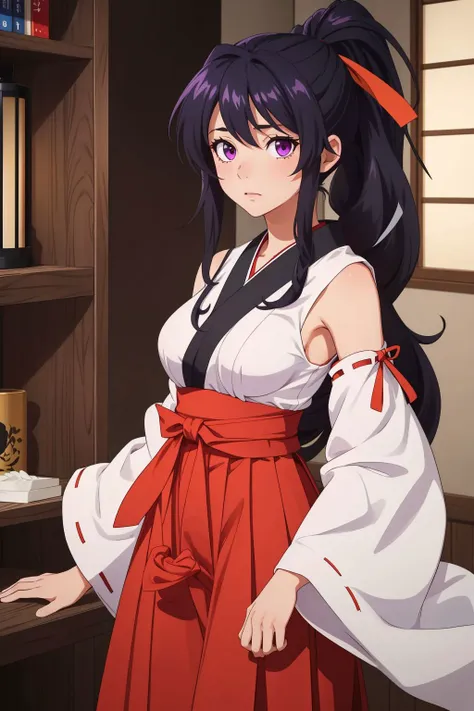 <lora:akane-01:1>, akane, 1girl, solo, long hair, skirt, large breasts, black hair, ribbon, very long hair, purple eyes, hair ribbon, ponytail, detached sleeves, japanese clothes, hakama, hakama skirt, miko, tabi, red hakama,, (masterpiece, best quality, high quality, highres, ultra-detailed),