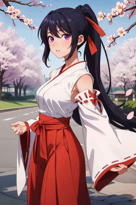 <lora:akane-01:1>, akane, 1girl, solo, long hair, skirt, large breasts, black hair, ribbon, very long hair, purple eyes, hair ribbon, ponytail, detached sleeves, japanese clothes, hakama, hakama skirt, miko, tabi, red hakama, cherry blossoms,, (masterpiece, best quality, high quality, highres, ultra-detailed),