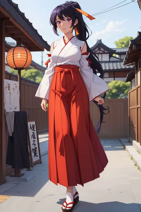 <lora:akane-01:1>, akane, 1girl, solo, long hair, skirt, large breasts, black hair, ribbon, very long hair, purple eyes, hair ribbon, ponytail, detached sleeves, japanese clothes, hakama, hakama skirt, miko, tabi, red hakama, japanese traditional architecture,, (masterpiece, best quality, high quality, highres, ultra-detailed),