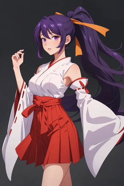 <lora:akane-01:1>, akane, 1girl, solo, long hair, skirt, large breasts, black hair, ribbon, very long hair, purple eyes, hair ribbon, ponytail, detached sleeves, japanese clothes, hakama, hakama skirt, miko, tabi, red hakama, purple hair,, (masterpiece, best quality, high quality, highres, ultra-detailed),