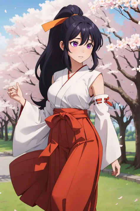 <lora:akane-01:1>, akane, 1girl, solo, long hair, skirt, large breasts, black hair, ribbon, very long hair, purple eyes, hair ribbon, ponytail, detached sleeves, japanese clothes, hakama, hakama skirt, miko, tabi, red hakama, cherry blossoms,under cherry tree, (masterpiece, best quality, high quality, highres, ultra-detailed),