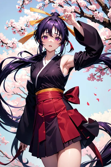 akane, 1girl, solo, long hair, skirt, large breasts, black hair, ribbon, very long hair, purple eyes, hair ribbon, ponytail, detached sleeves, japanese clothes, hakama, hakama skirt, miko, tabi, red hakama, masterpiece, <lora:akane:1>