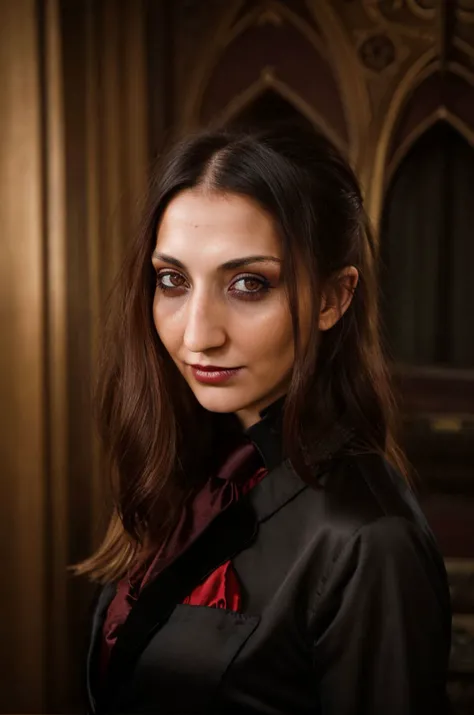 A stunning intricate full color portrait of  a  28 year old woman, gothic vampire costume, Dracula movie set, epic character composition,by ilya kuvshinov, alessio albi, nina masic,sharp focus, subsurface scattering, f2, 35mm, film grain <lora:JimenaLago:1>
