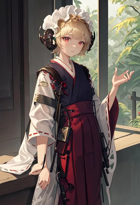 best quality, masterpiece, highres, solo, (bena_arknights:1.10), (white kimono:1.35), (red hakama:1.35), (wide sleeves:1.20), 14 <lora:bena_arknights:0.80>