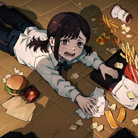 absurdres, highres, ultra detailed, <lora:KobeniV1-000019:0.9>, kobeni, brown eyes, (white collared shirt, black pants, formal:1.1), nervous, crying, open mouth, meme, spill, french fries, burger, apuspill, <lyco:apuspill:0.7>