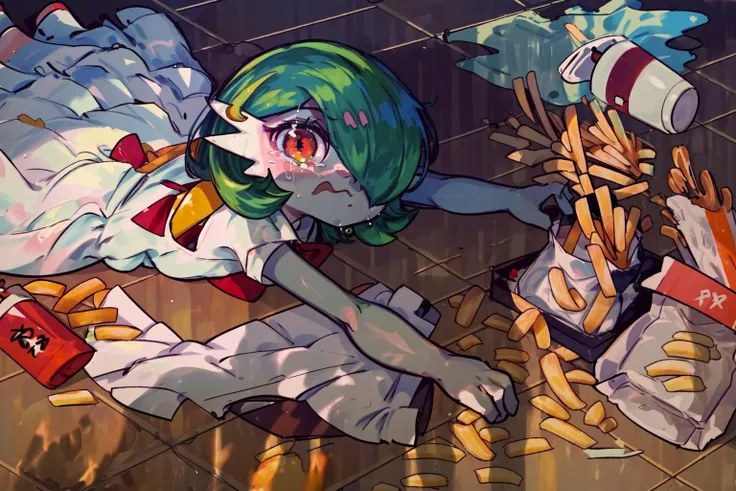 masterpiece,best quality,apuspill,1girl,gardevoir,bangs,green hair,hair over one eye,red eyes,short hair,white dress,tears,crying,spill,food,french fries,school,<lyco:Pose-meme-Apu Spills his Tendies(apuspill)(0.7)-TecnoIA:0.7>,<lora:gardevoir_v2:0.8>,