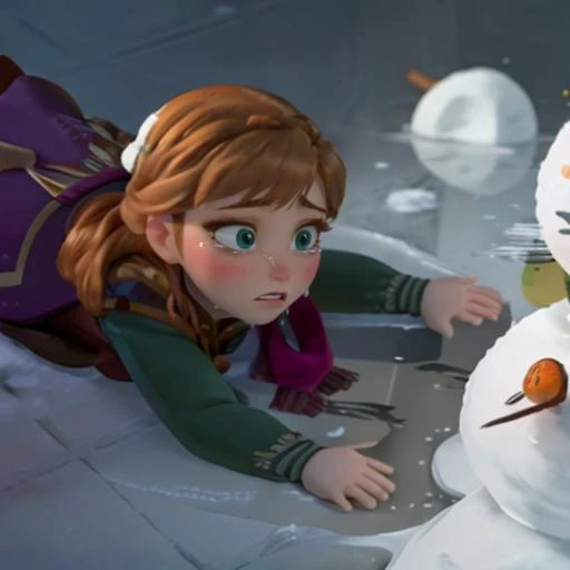 <lyco:apuspill:.8> apuspill, anna_of_arendelle woman sad, meme, spill, snowman, crying, tearing up <lora:anna_of_arendelle_v22:1> snow, water, puddle, melted snowman