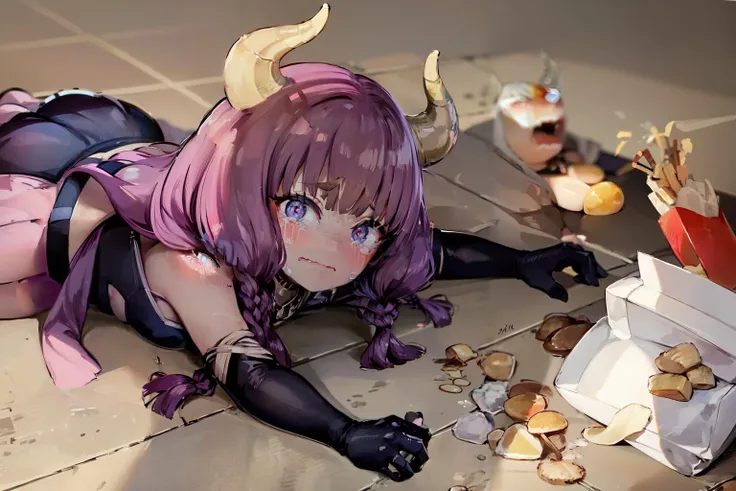 (masterpiece, best quality, ultra detailed), (detailed background, complex background:1.2), (perfect face, detailed face), full-face blush, <lora:GoodHands-vanilla:1>
<lora:aura-10:0.8>, aura, ((horns)), long hair, braid, gloves, twin braids, elbow gloves, navel, black gloves, cleavage, navel cutout, clothing cutout, skirt, bare shoulders, large breasts ,purple hair,
<lora:apuspill:0.7> apuspill, food, solo focus,tears, cup, shadow, parody, wavy mouth,tearing up, meme, disposable cup, spill, french fries, tripping