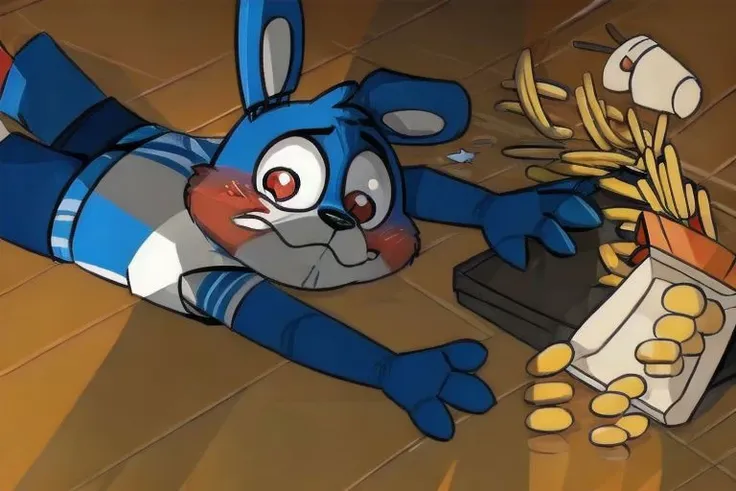 crying blue fur red cheeks Toy bonnie masterpiece, highres, best quality, ultra-detailed, perfect lighting, apuspill , tearing up, meme, spill, french fries solo, blush, wavy mouth no shirt no pants