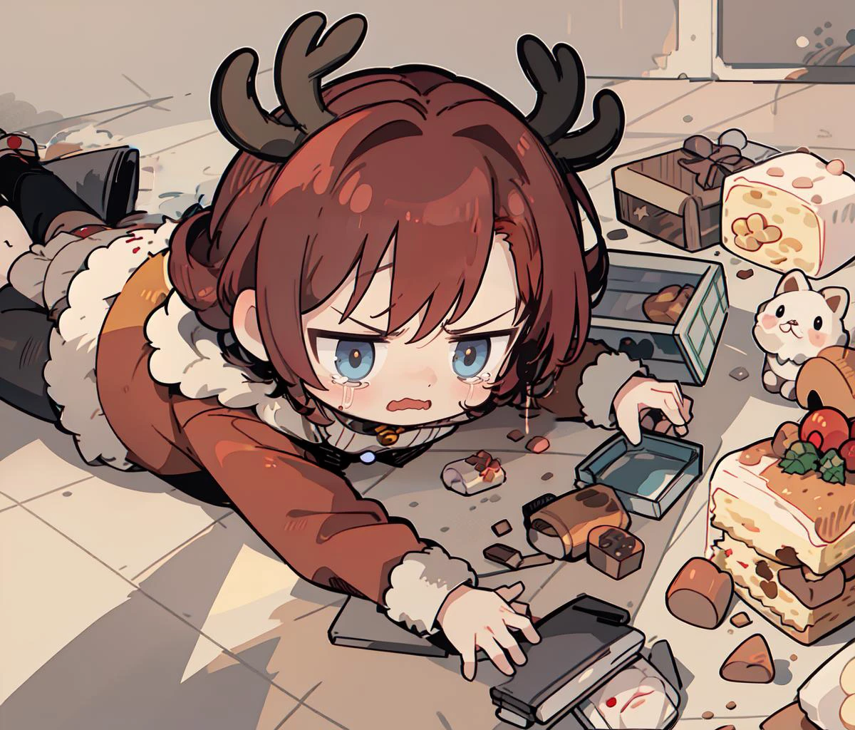 best quality,apuspill,
solo,1girl,chibi,(angry:1.2),:3,streaming tears,reindeer antlers,(santa costume,red hair:1.1),fallen down,
tray,gingerbread cookie,cake,tile floor,
<lora:apuspill:0.3:stop=10>,
<lora:hyperrefiner_v090:1.0>